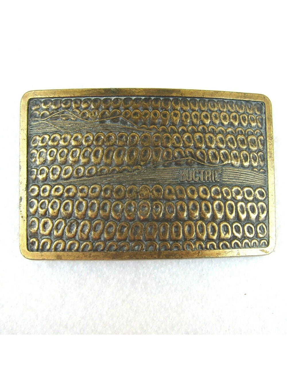 Vintage 1970s Buctril Corn Herbicide Belt Buckle Brass tone Metal Advertisement